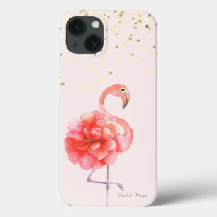 Roze Flamingobloem, Gouden Confetti iPhone 13 Hoesje