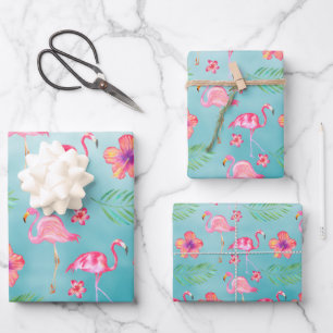 Roze flamingoenen & Tropisch roze Hibiscus Flower Inpakpapier Vel