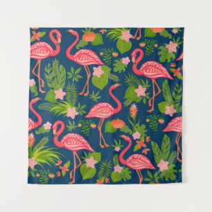Roze flamingornament op een gestreepte turquoise wandkleed