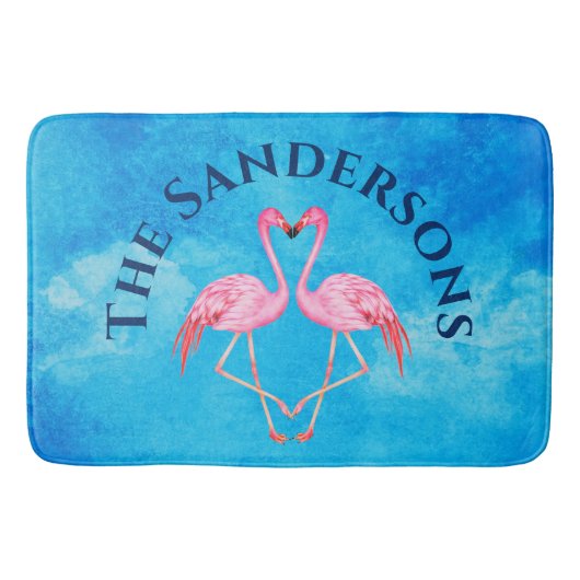 Roze flamingos Bathroom Monogram Naam Blauw Badmat (Voorkant)