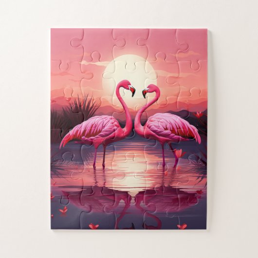 Roze Flamingo's bij zonsondergang Legpuzzel (Verticaal)