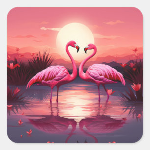 Roze Flamingo's bij zonsondergang Vierkante Sticker