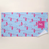 Roze Flamingo's Blauwe Abstracte Chevrons Monogram Strandlaken (Voorkant)