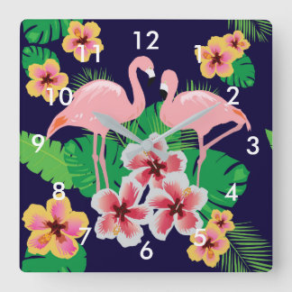Roze flamingos en Tropische Flowers Wall Clock Vierkante Klok