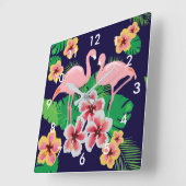 Roze flamingos en Tropische Flowers Wall Clock Vierkante Klok (Hoek)