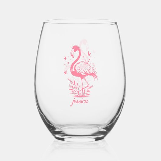 Roze flamingo's en vlinders wijnglas zonder voet (Voorkant)