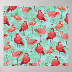 Roze Flamingo's: Exotisch naadloos patroon. Poster