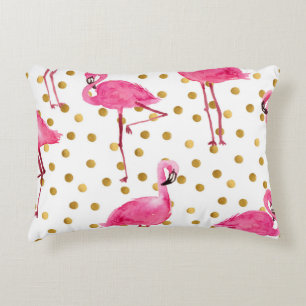 Roze flamingo's, gouden stippen, waterverf. accent kussen