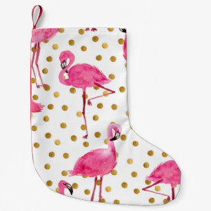 Roze flamingo's, gouden stippen, waterverf. kleine kerstsok