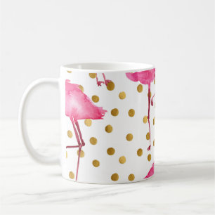 Roze flamingo's, gouden stippen, waterverf. koffiemok