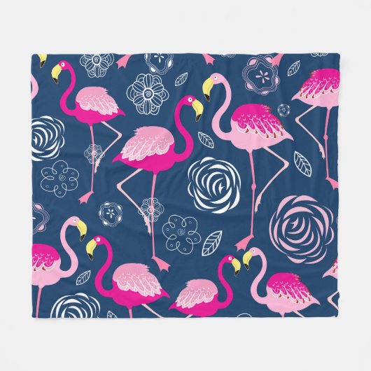 Roze Flamingo's: Grafisch Donker Patroon Fleece Deken (Voorkant (Horizontaal))