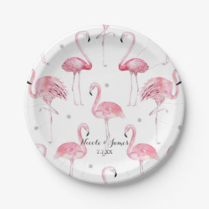Roze Flamingos Gray Polka Dots Chic Pattern Papieren Bordje