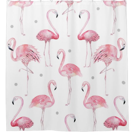 Roze Flamingo's Grijze Polka Dots Chic Tropical Douchegordijn (Voorkant)