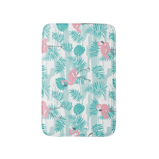 Roze flamingo's, groene palmbladeren, tropisch. badmat (Voorkant Verticaal)