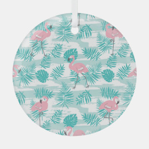Roze flamingo's, groene palmbladeren, tropisch. glas ornament