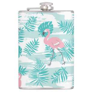 Roze flamingo's, groene palmbladeren, tropisch. heupfles