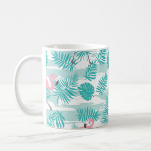 Roze flamingo's, groene palmbladeren, tropisch. koffiemok