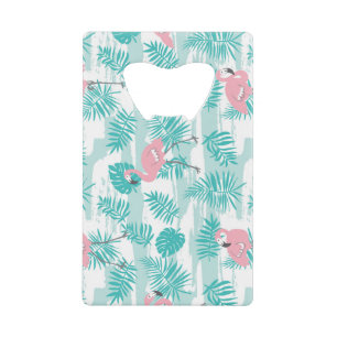 Roze flamingo's, groene palmbladeren, tropisch. kredietkaart flessenopener