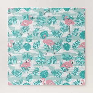 Roze flamingo's, groene palmbladeren, tropisch. legpuzzel