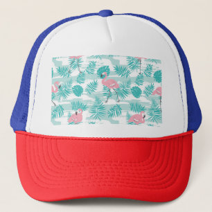 Roze flamingo's, groene palmbladeren, tropisch. trucker pet