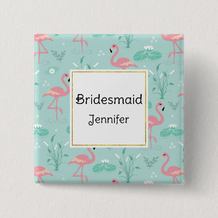 Roze Flamingo's Groene Patroon Bruidsmeisje Vierkante Button 5,1 Cm