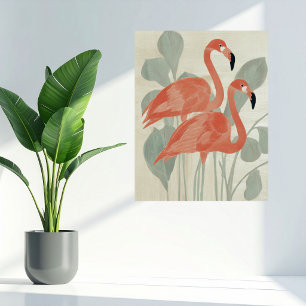Roze Flamingo's Groene Planten Aquarel Stijlvol Le Poster