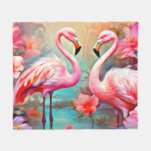 Roze flamingo's in een meer met bloemen-20231 fleece deken