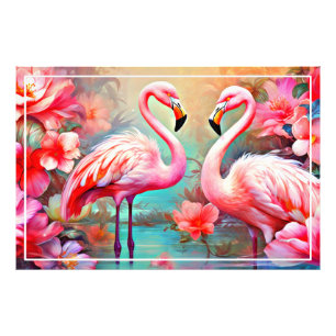 Roze flamingo's in een meer met bloemen-20231 foto afdruk