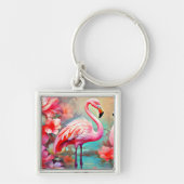 Roze flamingo's in een meer met bloemen-20231 sleutelhanger (Voorkant)