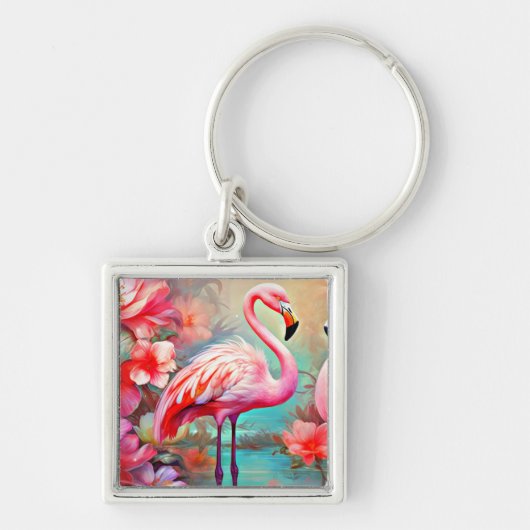 Roze flamingo's in een meer met bloemen-20231 sleutelhanger (Voorkant)