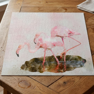 Roze Flamingo's Kameraden in Aquarel Kunst Legpuzzel
