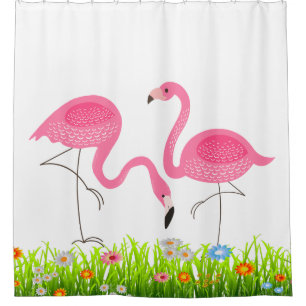 Roze Flamingo's & Lentegras & Bloemen Douchegordijn
