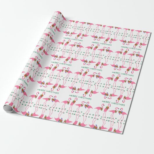 Roze flamingos Merry Kerstmis Pattern Cadeaupapier (Uitgerold)