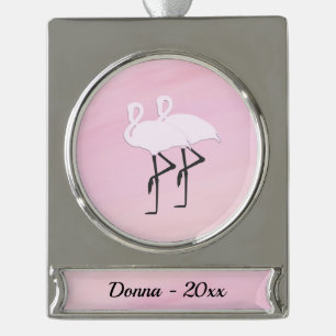 Roze Flamingo's met Naam en Datum Verzilverd Banner Ornament