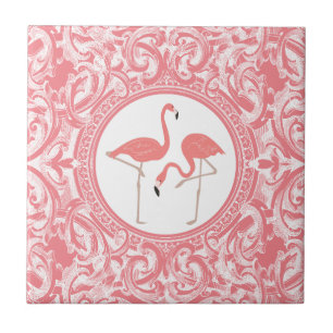 Roze flamingo's met roze en witte bloemwervelingen tegeltje