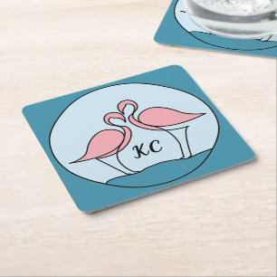 Roze Flamingo's Monogram Kunst, of Foto Vierkante Kartonnen Onderzetter