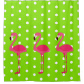 Roze Flamingo's op Groene en Witte Polka Dots Douchegordijn (Voorkant)