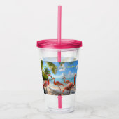 Roze Flamingo's Palm Trees Ocean Beach Acryl Drinkbeker (Voorkant)
