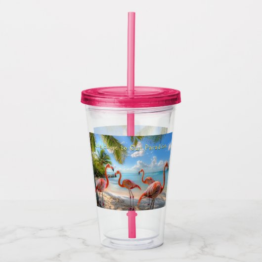 Roze Flamingo's Palm Trees Ocean Beach Acryl Drinkbeker (Voorkant)