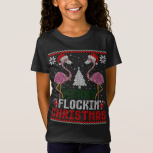 Roze Flamingos Santa Merry Flockin Kerstmis lomp T-shirt
