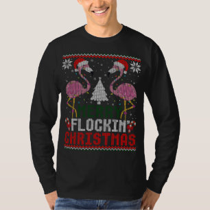 Roze Flamingos Santa Merry Flockin Kerstmis lomp T-shirt