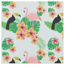 Roze flamingos, Toucans, Tropische Flowers Fabric Stof
