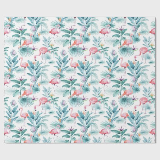 Roze flamingo's tropische bladeren patroon cadeaupapier (Vlak)