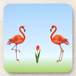 Roze Flamingo's & Tulp Bloem op Lichtblauw Bier Onderzetter