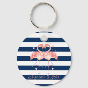 Roze Flamingo's Verliefd,Marine Blauwe Strepen Sleutelhanger