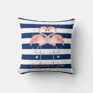 Roze Flamingo's Verliefd,Marineblauw Gestreepd Kussen