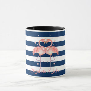 Roze Flamingo's Verliefd,Marineblauwe Strepen Mok