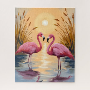 Roze Flamingo's Zonsondergang Dier Schilderij Legpuzzel