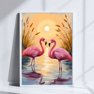 Roze Flamingo's Zonsondergang Dieren Schilderij Poster