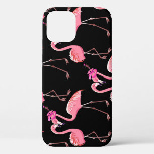 Roze Flamingo's: zwarte achtergrond  iPhone 12 Hoesje